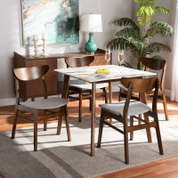 Baxton Studio Paras-SmokeWalnut-5PC Dining  Set Baxton Studio Paras Mid-Century Modern Transitional Light Grey Fabric Upholstered and Walnut Brown Finished Wood with Faux Marble Dining Table